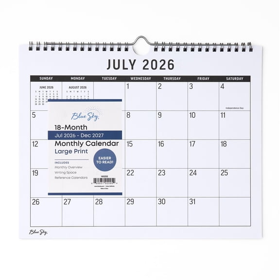 Blue Sky 2026-2027 18 Month Large Print Monthly Academic Year Wall Calendar, July 2026 - December 2027, 11" x 8.75", Durable Twin Wire Binding, Perfect For Home, Office And Classroom, Silver