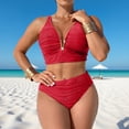 thumbnail image 2 of Ashirexll Women's Bikini Swimsuits Ruched Deep V High Waisted Two Piece Bikinis Solid Color Casual Beach Swimwear, 2 of 7