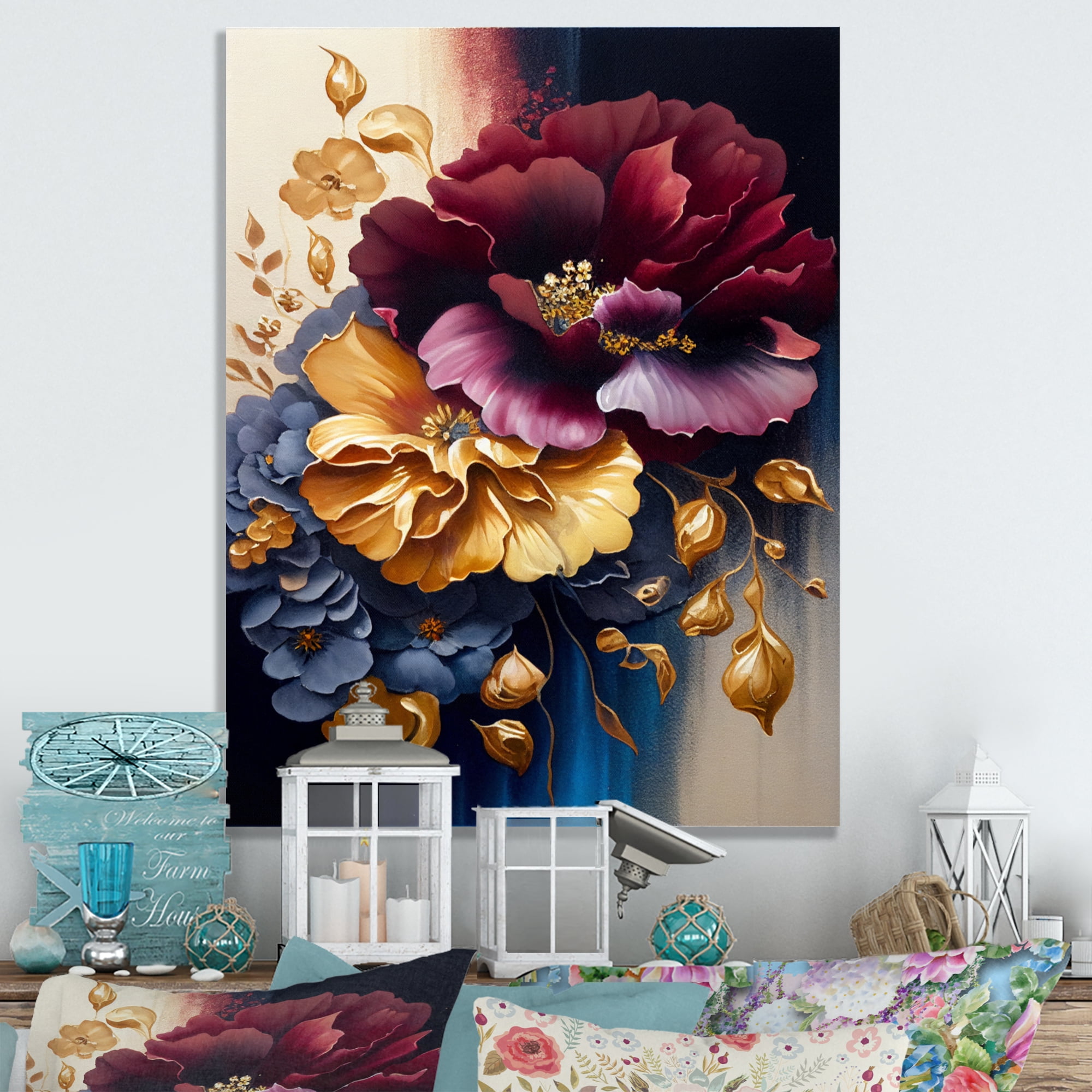 Designart Burgundy And Blue Floral Bunch II Canvas Wall Art