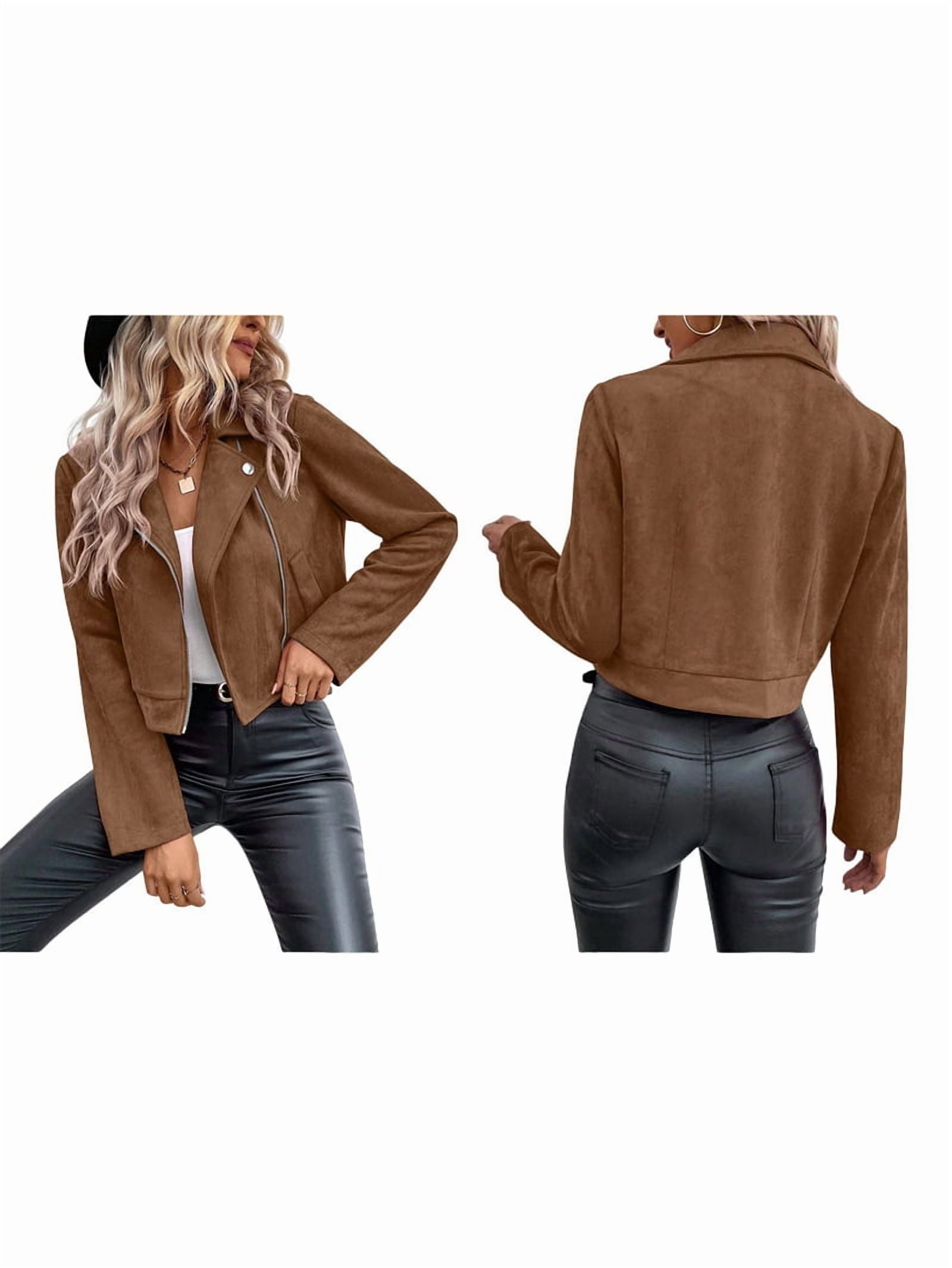 Women'S Cropped Zipper Long Sleeve Suede Faux Leather Blazer Jacket Autumn Fashion Outerwear Coffee S