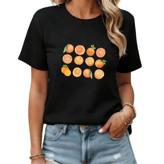 Black T shirt Graphic Tees Orange Slice Pattern Spring Picnic Outfit Shirts S-5XL Tops