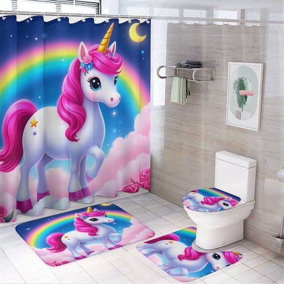 Magical Unicorn Rainbow Sky Shower Curtain Set Modern Bathroom Decor Mats 4pcs Fabric Bathroom Curtain Slip Floor Rug Toilet Lid