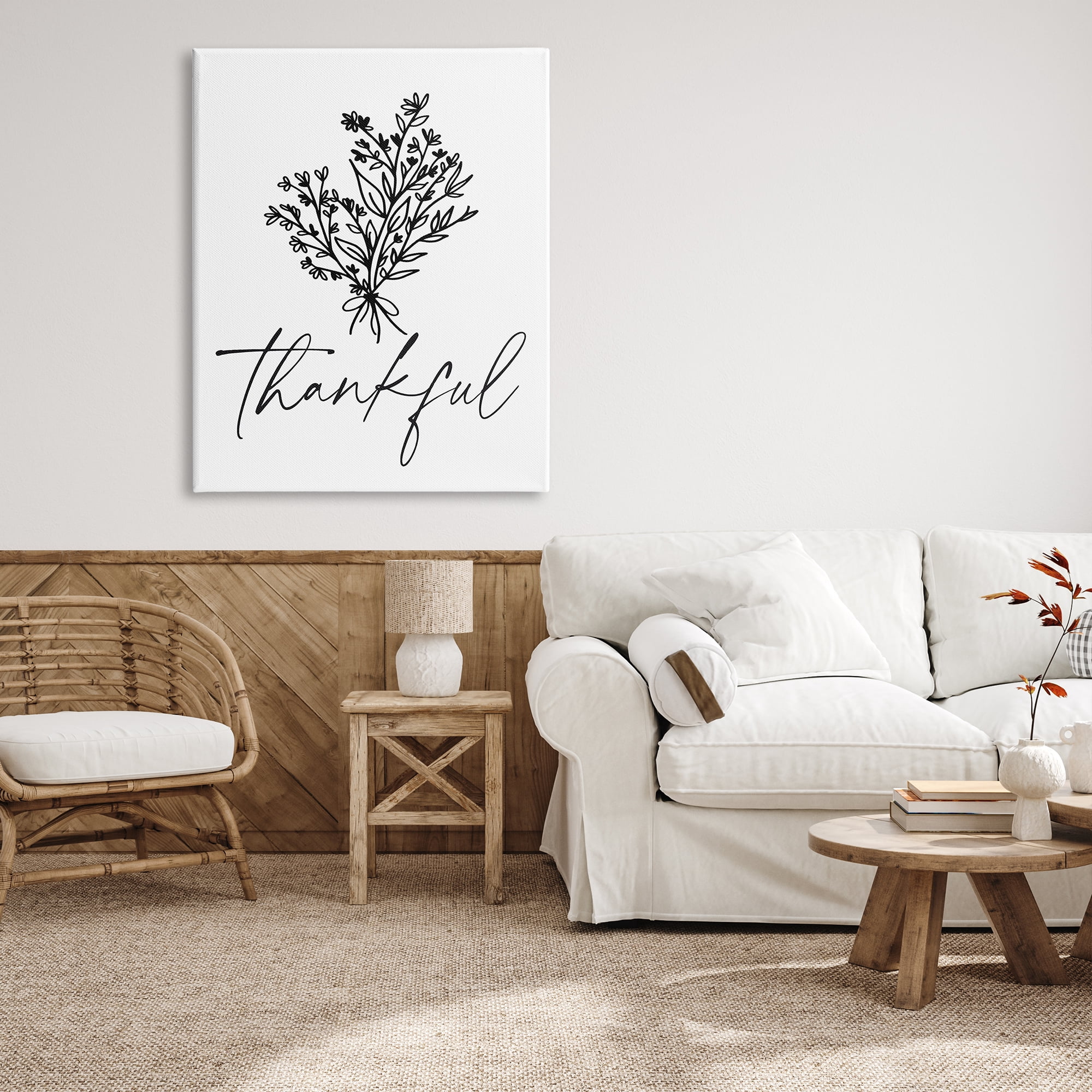 Stupell Industries Thankful Script Delicate Botanical Blooms Petals Bouquet Graphic Art Gallery Wrapped Canvas Print Wall Art, Design by Lettered and Lined