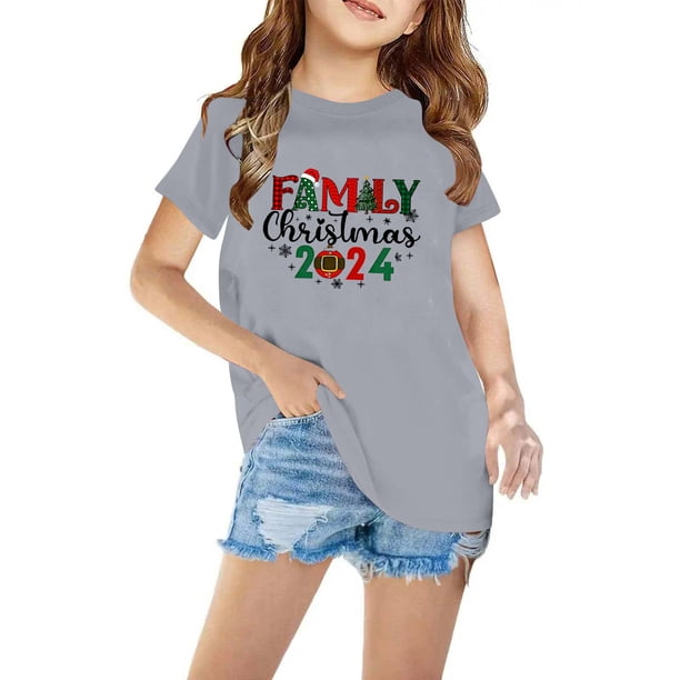 Fiudx Camisa Navideña, Linda Blusa con Mangas Abullonadas, Camiseta de Tela Suave y Transpirable, Ropa de Verano Moderna, Ropa Informal para Fiestas Escolares, Atuendo Cómodo para Niñas y Niños.