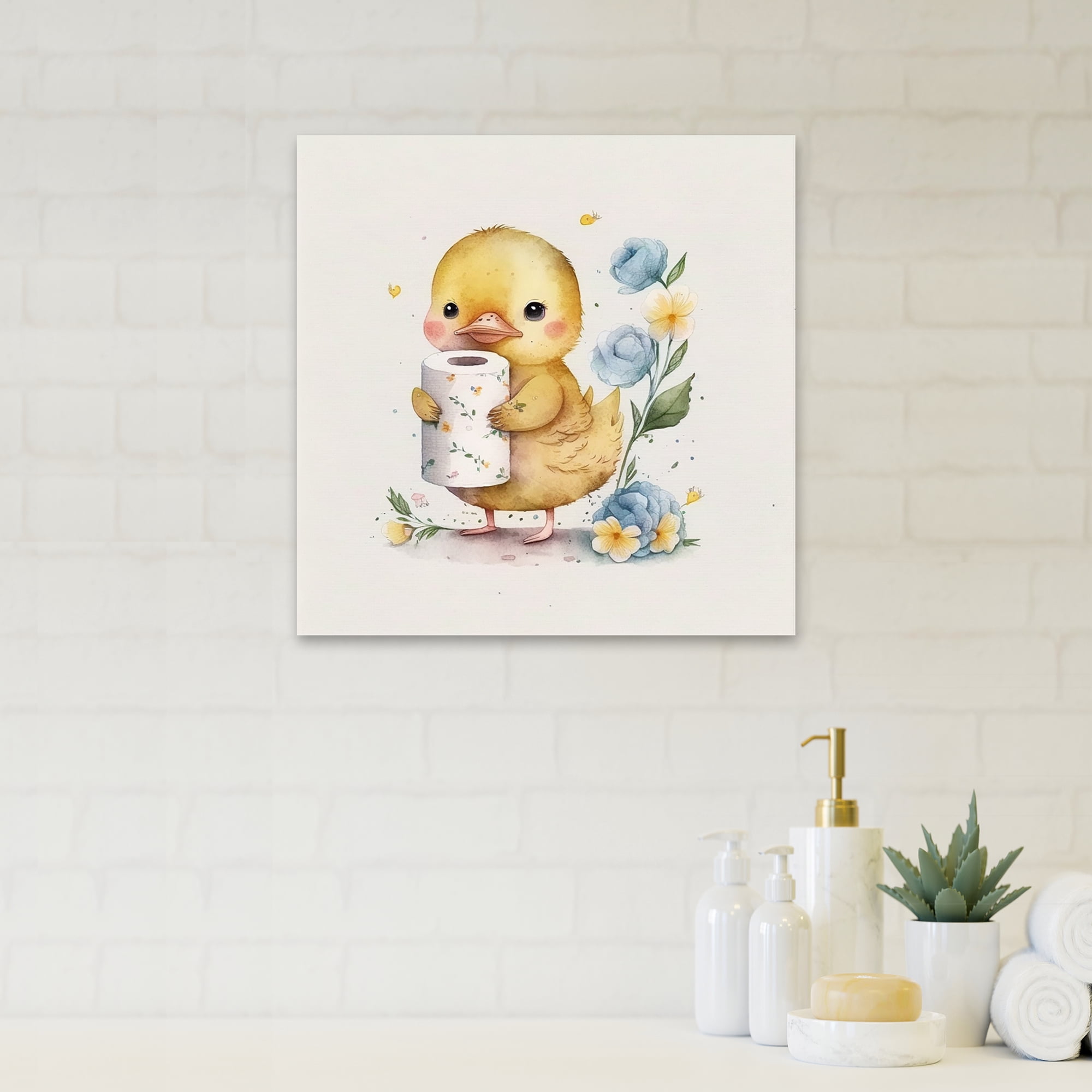 Designart Chick With Roll Of Toilet Paper And Flowers I Canvas Wall Art