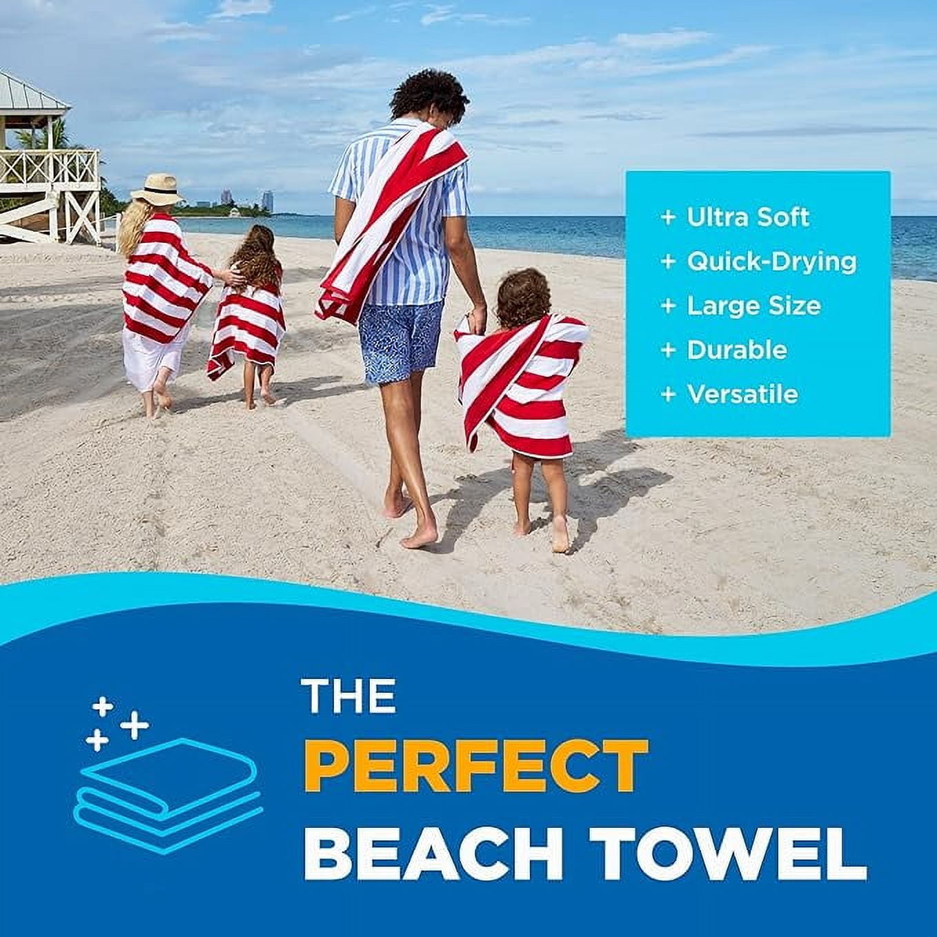 Kaufman - 32" x 62" Red Joey Velour Cabana Stripe Multicolor Beach Towel, 4-Pack, 100% U.S.A. Cotton