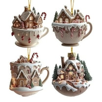 Chocolate Coffee Cup Christmas Tree Ornaments, 1 Pc 2D Acrylic Snow House Hot Chocolate Mug Shape Christmas Tree Decorations, Christmas Decoration for Christmas Tree, 3.15 Inch,E
