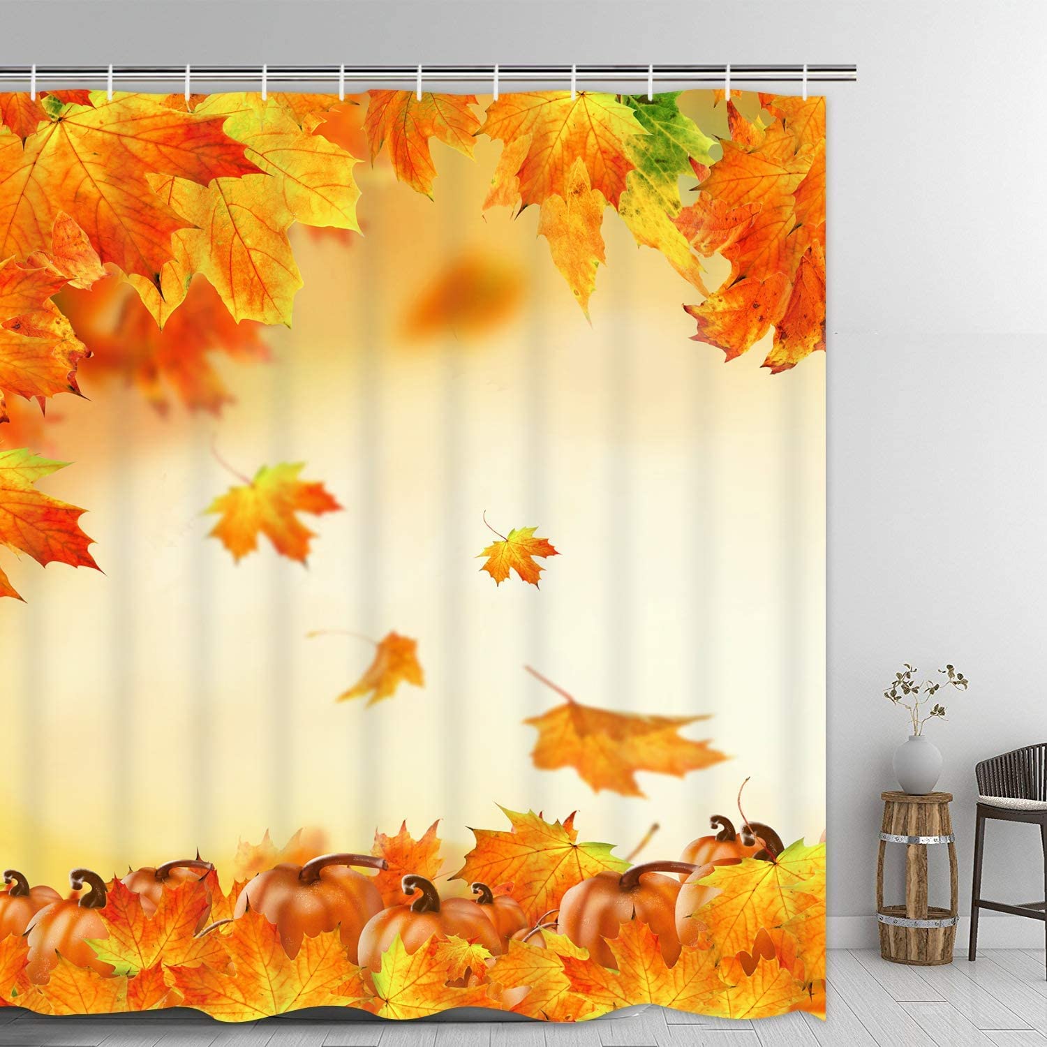 SPXUBZ Fall Shower Curtain, Maple Leaf Pumpkin Thanksgiving Shower