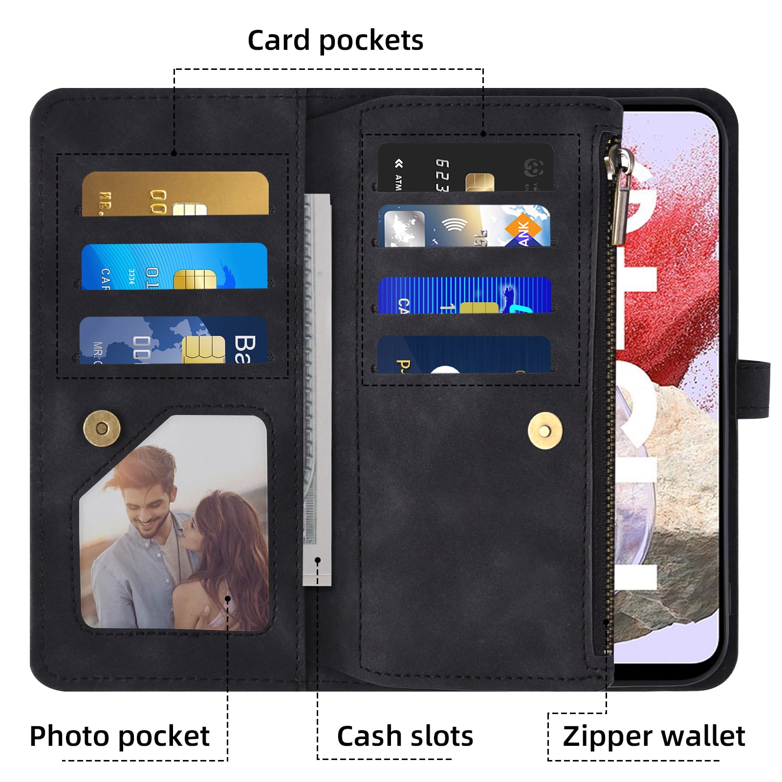 Asuwish Phone Case for Samsung Galaxy A25 5G/A24 4G/M34 /F34 Wallet Cover With Tempered Glass Screen Protector Crossbody Wrist Strap Flip Pattern Zipper Credit Card Holder Cell A 25 25A 24A LTE Black