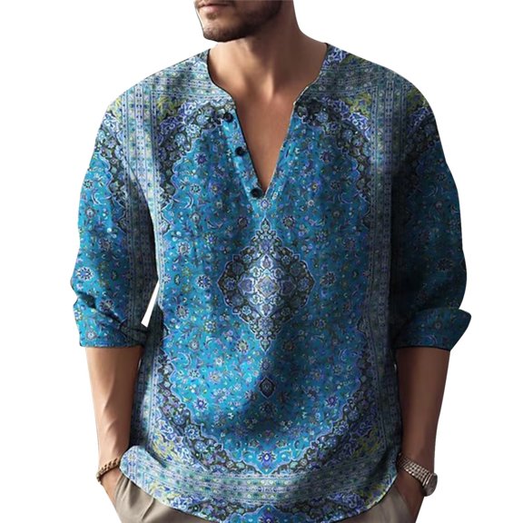 Bohemian Retro Floral Shirts for Men, Split V Neck Three Quarter Sleeve Printed Tops, Soft Loose Fabric for Travel Camping and Street Style Outfits Blue L