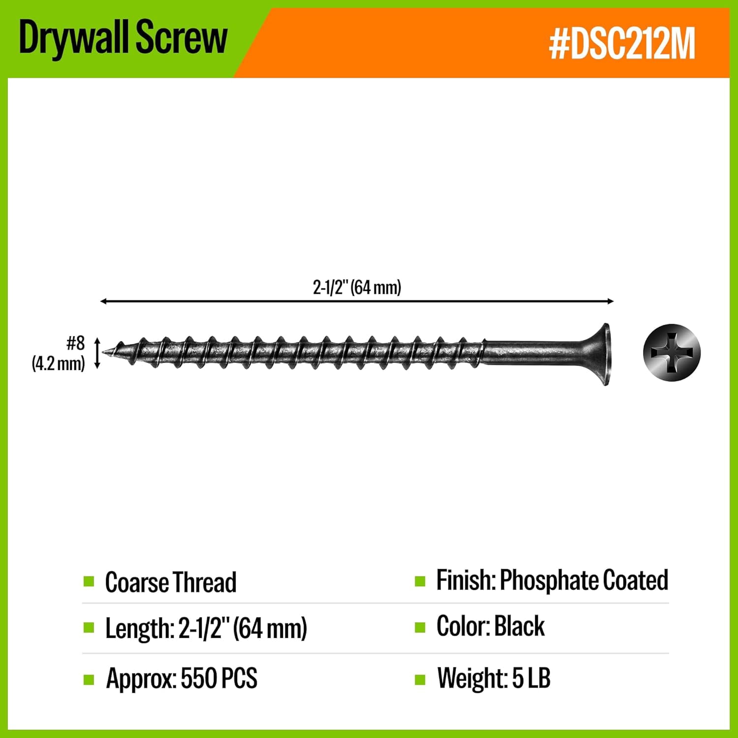 MEITE Drywall Screws, #8 x 2-1/2" Coarse Thread Wood Screws for Drywall, Wood and Furniture (5 LBS)