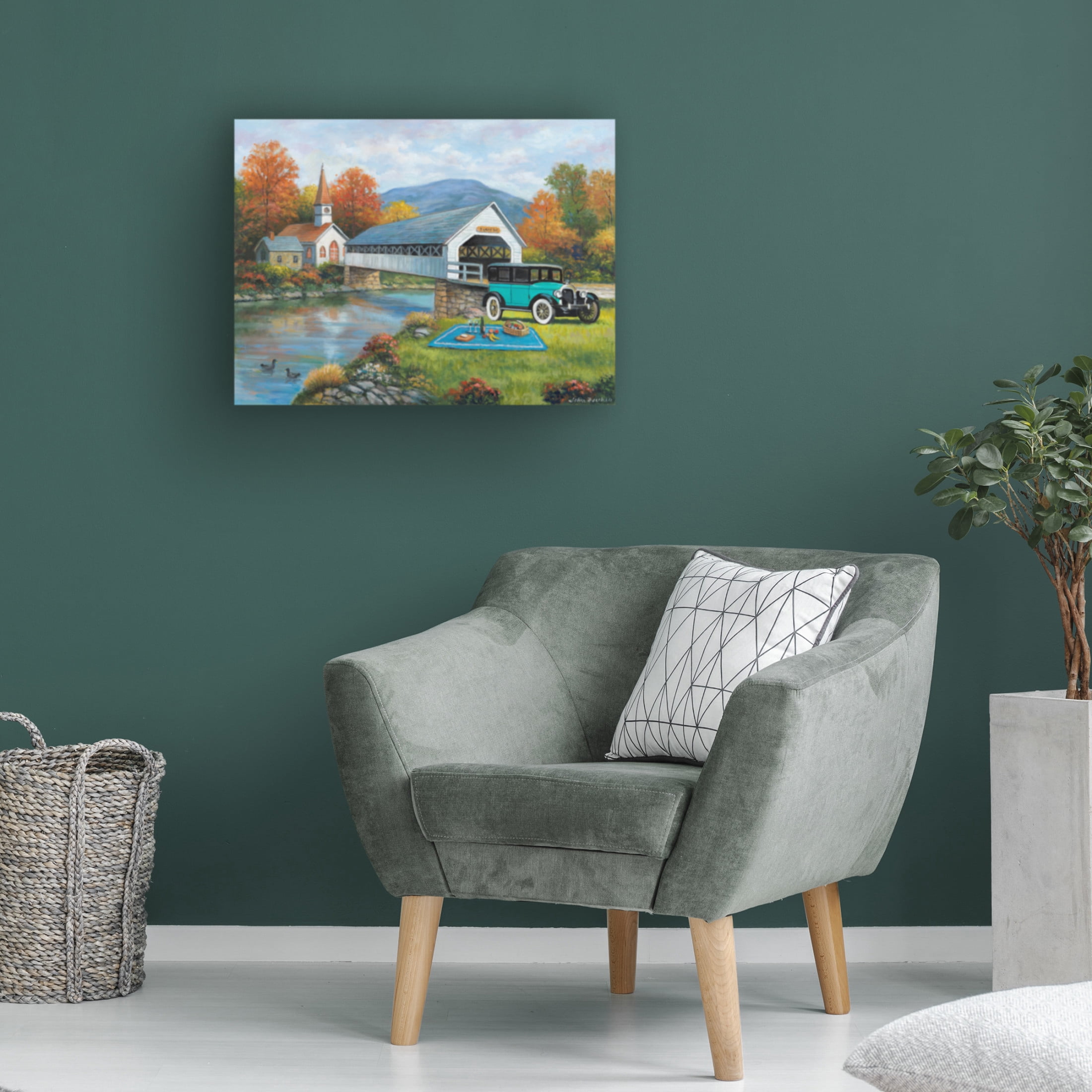 Canvas Wall Art - John Zaccheo 'Picnic By The Bridge' Wall Art for Living Room, Bedroom, or Office Décor by Trademark Fine Art - 32 x 24 Inches
