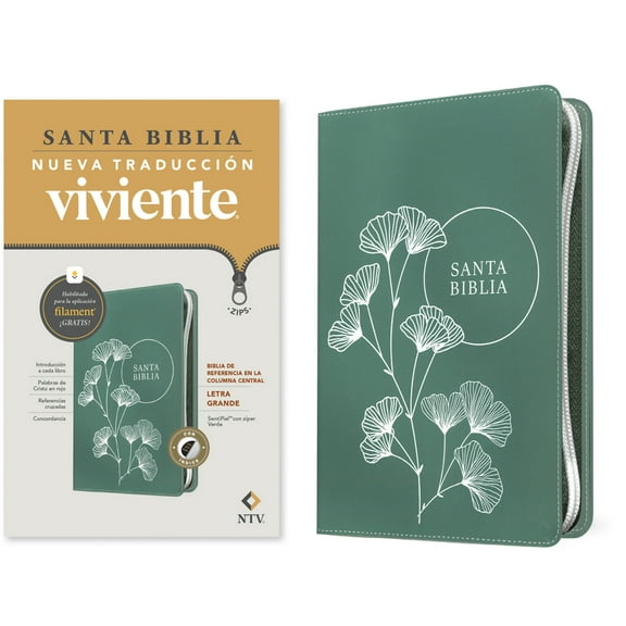 Biblia de Referencia En La Columna Central Ntv, Letra Grande de ZÃper Con Filament (Sentipiel, Verde, Ãndice, Letra Roja, (Hardcover)