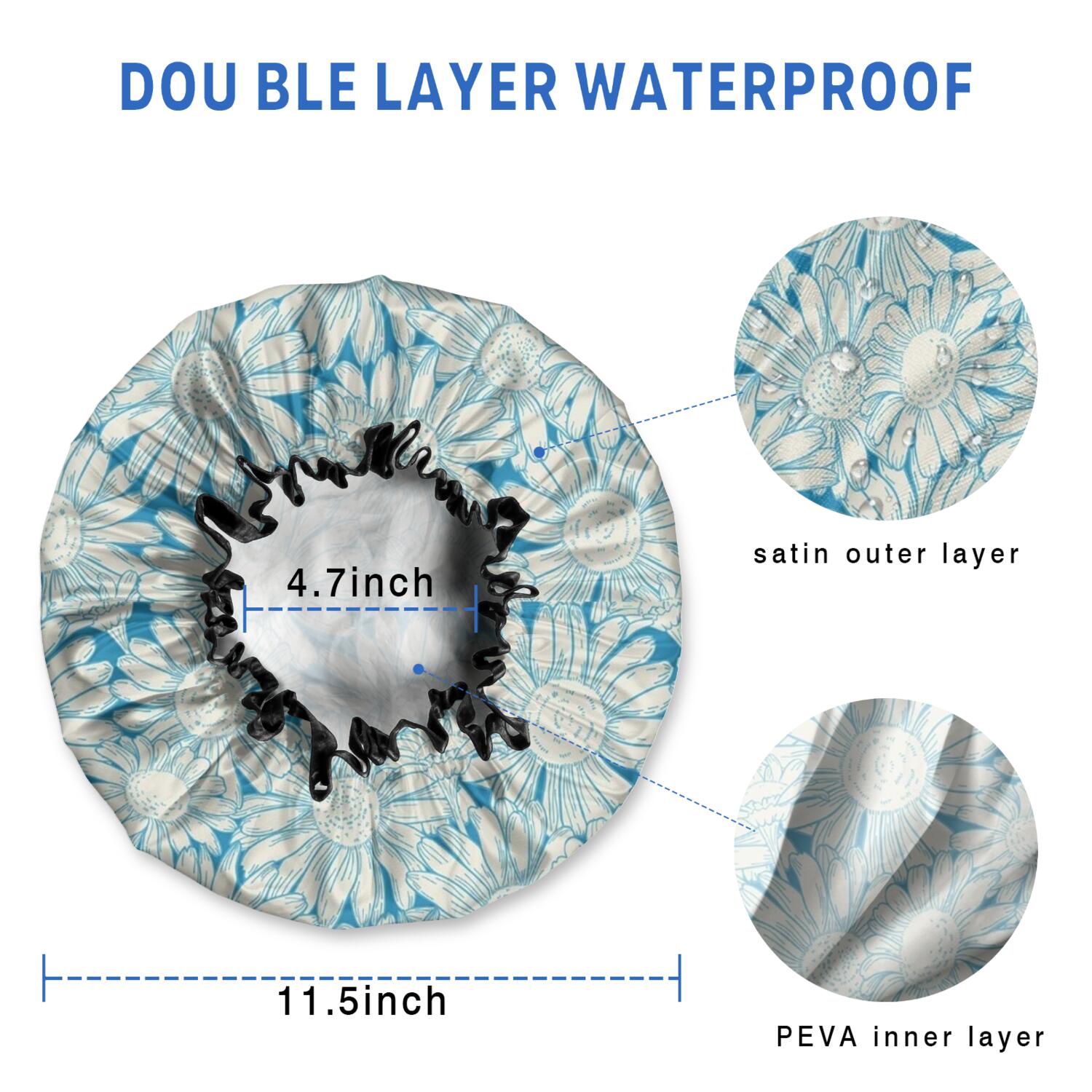 Shower Caps,Daisy Flower Pattern Waterproof Shower Cap for Women 4 Pieces,Double Reusable Hair Cover for Shower PEVA Elastic Stretch Hem