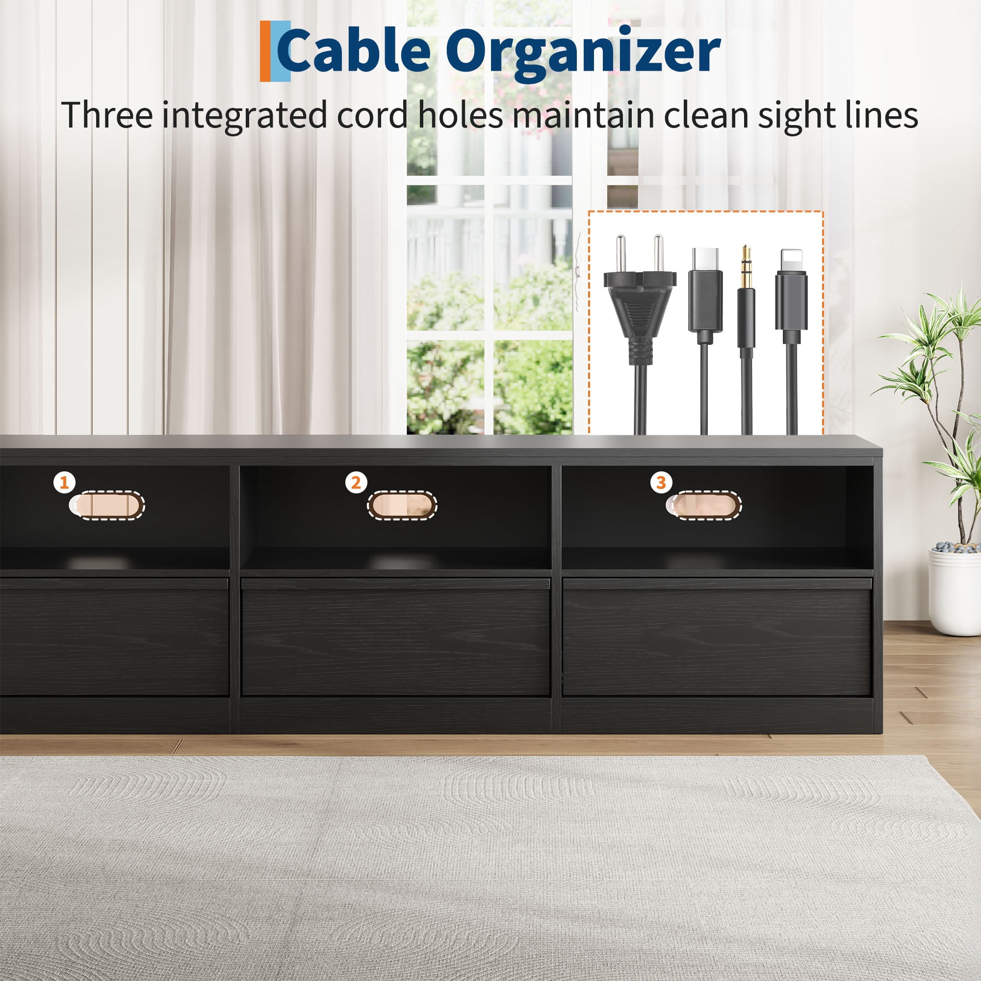Mid Century Modern TV Stand for 65 70 75 Inch TVs, Industrial Entertainment Center with 3 Drawers & Open Shelves, Sturdy MDF for Living Room & Bedroom
