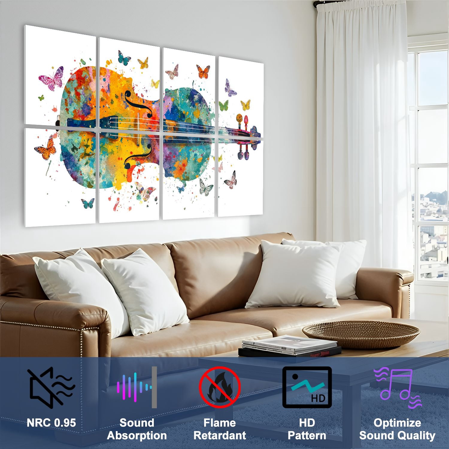8 Pack Art Acoustic Panels Sound Absorbing Colorful Violin Butterflies Vibrant Colorful Butterfly Violin Musical Decorative Soundproof Wall Panels Self Adhesive for Nursery Game Room Bedroom 48"x32"