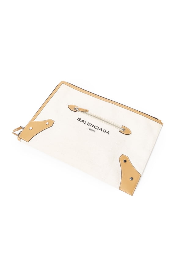 Pre-Owned Balenciaga Beige/Tan Logo Zip Clutch Handbag Woven Canvas