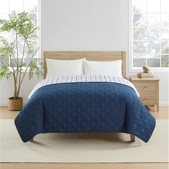 Mainstays Quilts Blue Plaid Microfiber Quilted, Full/Queen-Reversible