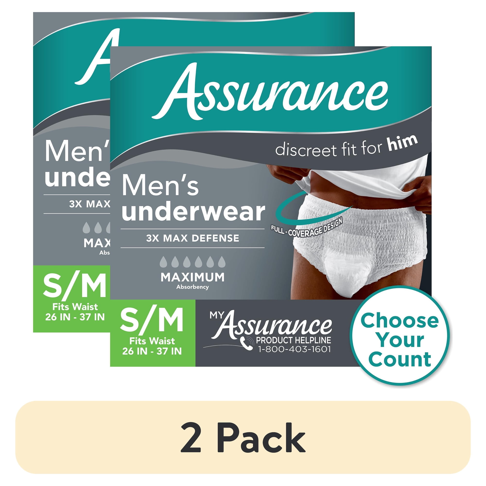 (2 pack) Assurance Men's Incontinence Underwear, S/M, Maximum Absorbency, 36 Count