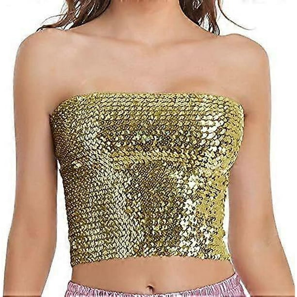 Women's Sparkly Sequin Mermaid Crop Top, Strapless Metallic Tube Top for Party & Clubwear, Shiny Fashion Top for Women