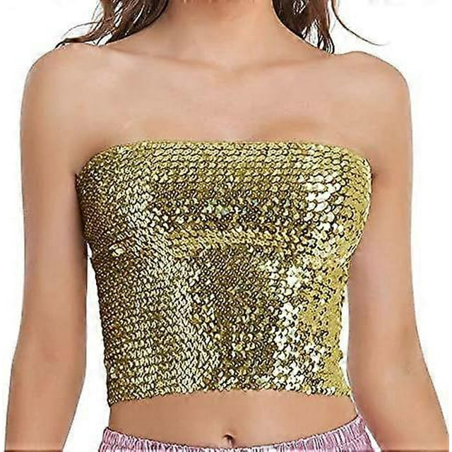 Women's Sparkly Sequin Mermaid Crop Top, Strapless Metallic Tube Top for Party & Clubwear, Shiny Fashion Top for Women