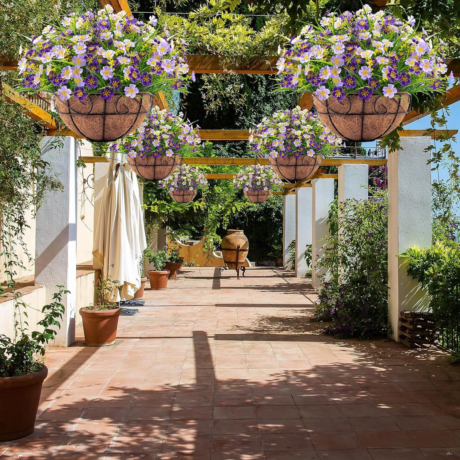 Artificial Hanging Flowers with Basket, Faux Silk Flowers in Coconut Lining Basket, Fake Hanging Plants for Outdoors Indoors Garden Patio Yard Porch Lawn, Purple