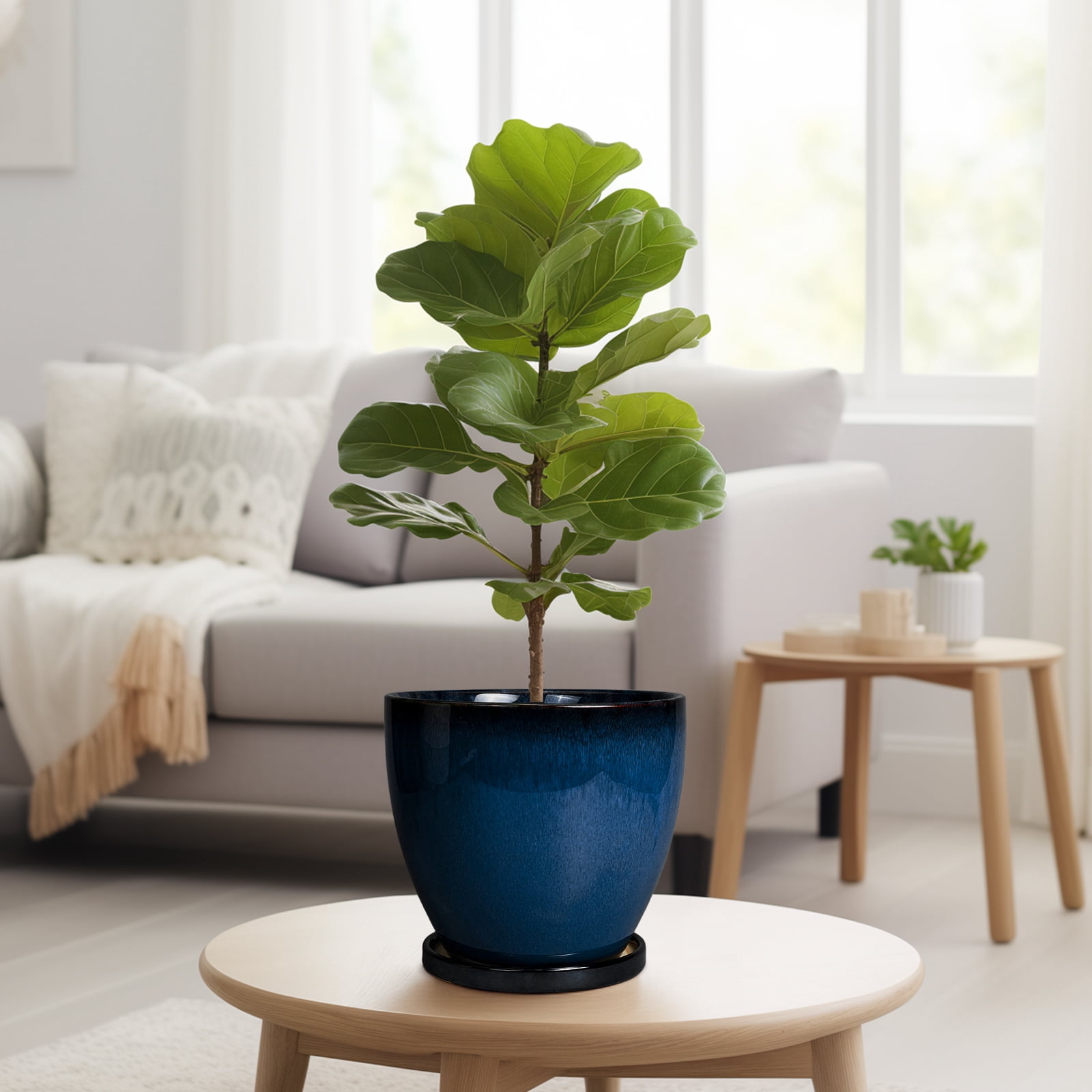 EPFamily 8 Inch Blue Ceramic Planter with Drainage Hole and Saucer – Modern Flower Pot for Indoor Plants, ZZ Plant, Peace Lily