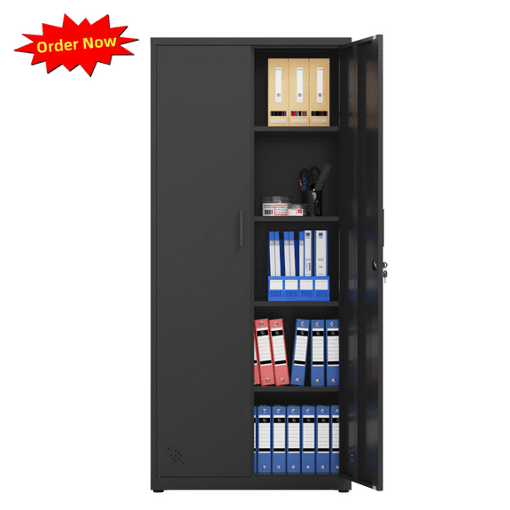 Tcbosik Metal Storage Cabinet with 2 Doors and Adjustable Shelves, 68.9" Lockable File Cabinet, Tool Cabinet for Home Office, Garage, Black