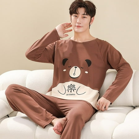 

QWZNDZGR Couple Knitted Cotton Cartoon Panda Pajamas for Women Casual Pyjama Long Sleeved Plaid Pants Sleepwear Sets Fashion Homewear 4XL