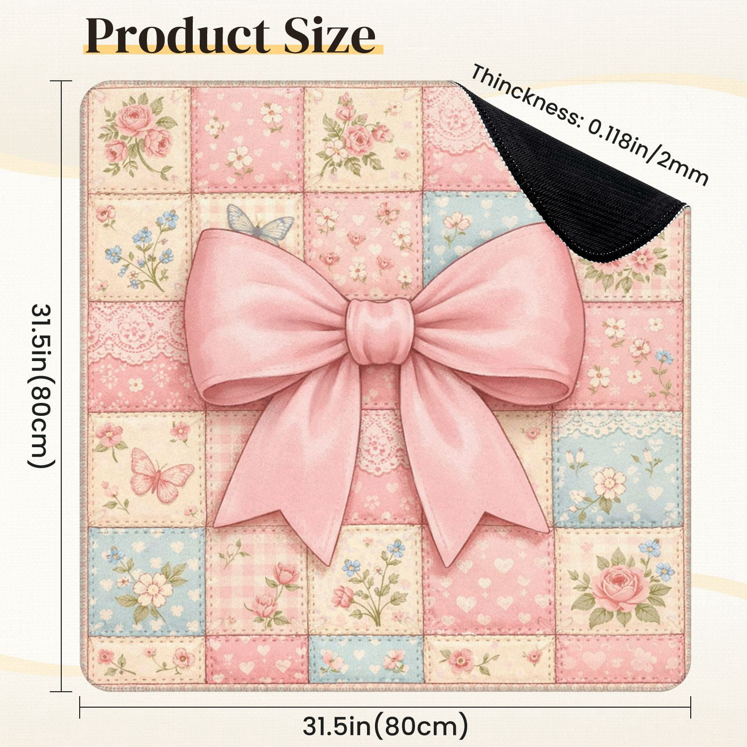 Mahjong Mat 31.5" x 31.5" Pink Floral Patchwork Bow Butterflies Non-Slip Noise Reduction Mahjong Tiles Table Cover for Dominoes Poker Card Board and Tile Games