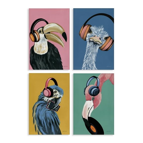 Stupell Industries Musical Tropical Birds Entertainment Painting Wrapped Canvas Art Print Wall Art, 16 x 24, Set of 4