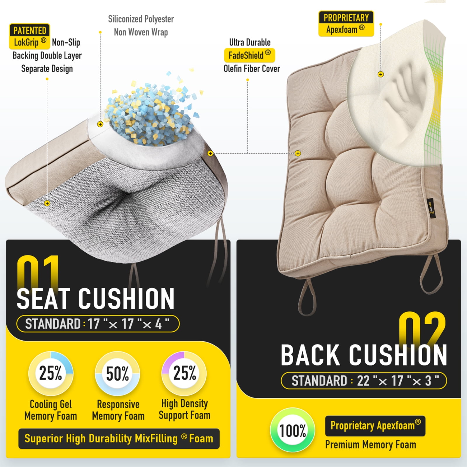 SUNROX Memory Foam Non Slip Rocking Chair Cushion, Set of Seat & Back Cushion with Ties for Indoor/Outdoor Rocker, FadeShield Water Resistant Thicken Durable Tufted Pads, 2 Piece, Husk Birch