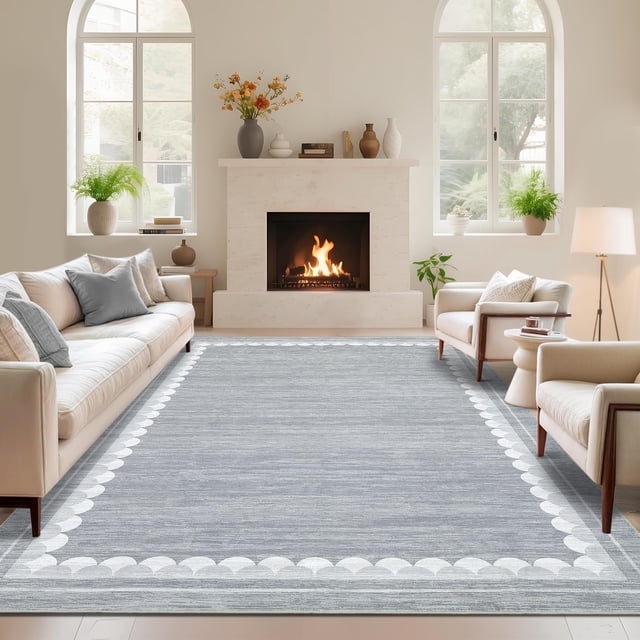 Washable Area Rug 8x10ft – Soft Non-Slip Low Pile Carpet with Scalloped Edge Design, Neutral Grey – Stain-Resistant Rug for Living Room, Bedroom and Dining Room