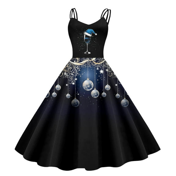 Womens Christmas Dress Christmas Clothes for women's Fashionable Retro Christmas Printed Strap Zipper Casual Long Dress