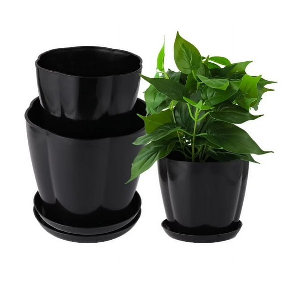 Plastic Plant Pots Set of 3, 6.41/5.19/4.4 Inch Flower Pots Indoor with Drainage Hole and Tray , Indoor Modern Decorative Planter Pot for All House Plants, Flower, Succulents, Cactus, Black