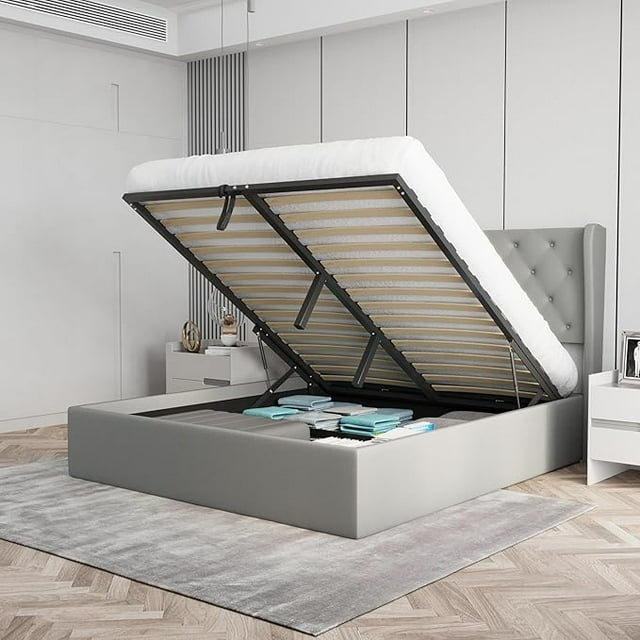 Velets Diva Contemporary Mid-Century Soft Padded Tufted Upholstered Platform Bed with Hydraulic Gas Lift Storage - Wood Slat System & Smart Hydraulic Under-Bed Storage (Light Gray, Queen)