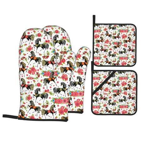 

Oven Mitts and Pot Holders 4 pcs Set Cartoon Cool Horse Black Flower Heat Resistant Pot Holders Oven Mitts for kitchen Non-Slip Hanging Loop Oven Glove Potholders for Baking Cooking