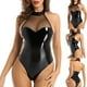 thumbnail image 2 of NECHOLOGY Ropa Interior Mujer Adulto Lenceria Mujer Lencería de cuero para mujer, con aspecto mojado, de malla, con cuello halter, corte alto, leotardo para club Negro XX-Grande, 2 of 7