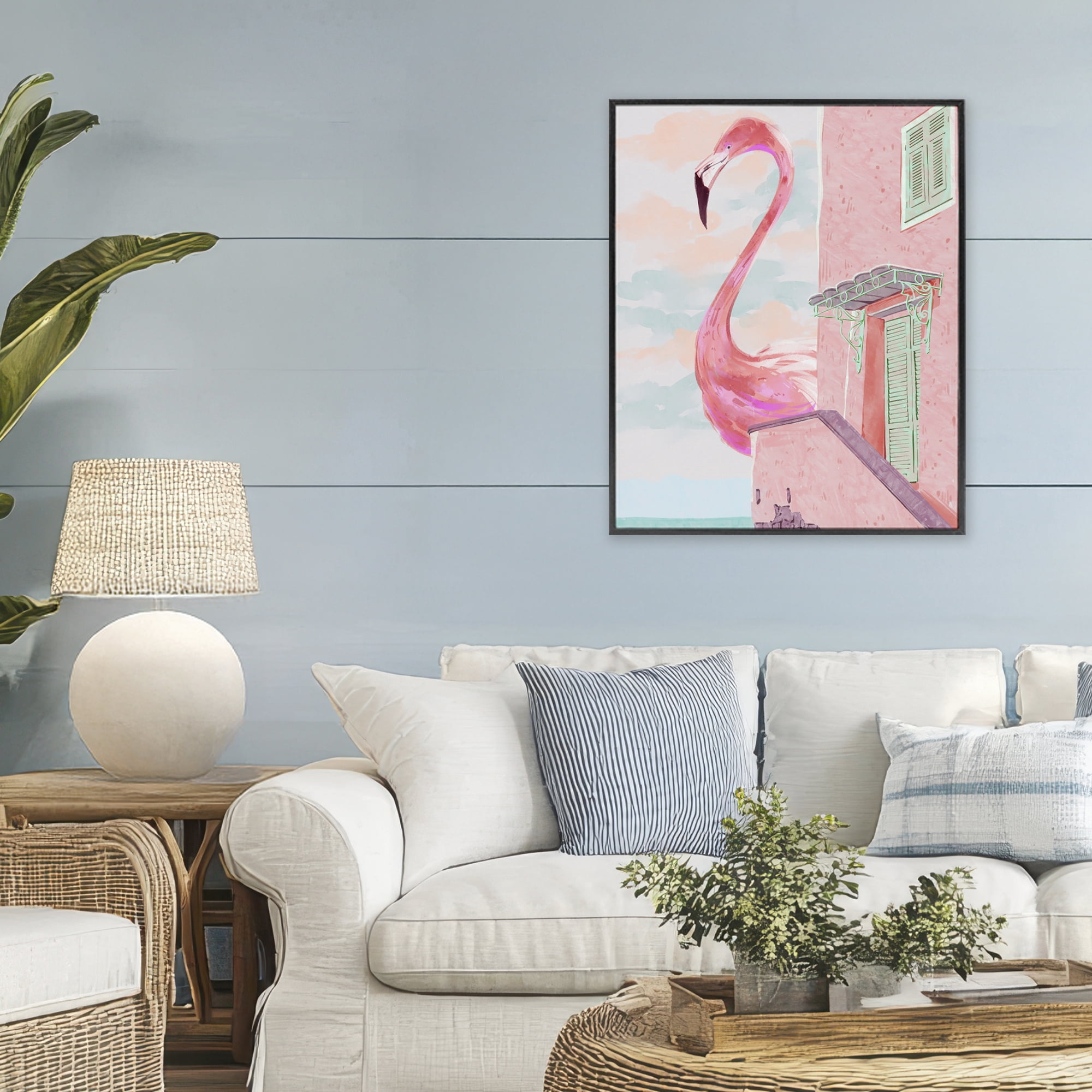 Stupell Industries Giant Flamingo with Seaside Balcony Black Framed Giclee Art, design by Ziwei Li