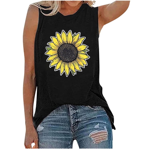 GNFQXSS Womens V Neck Tank Top Sunflower Print Sleeveless Top Casual Soft Breathable Daily Vacation Top Black L