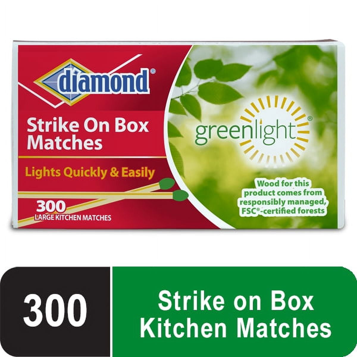 (6 pack) Diamond Green Light Wooden Match, Strike On Box, 300 Count