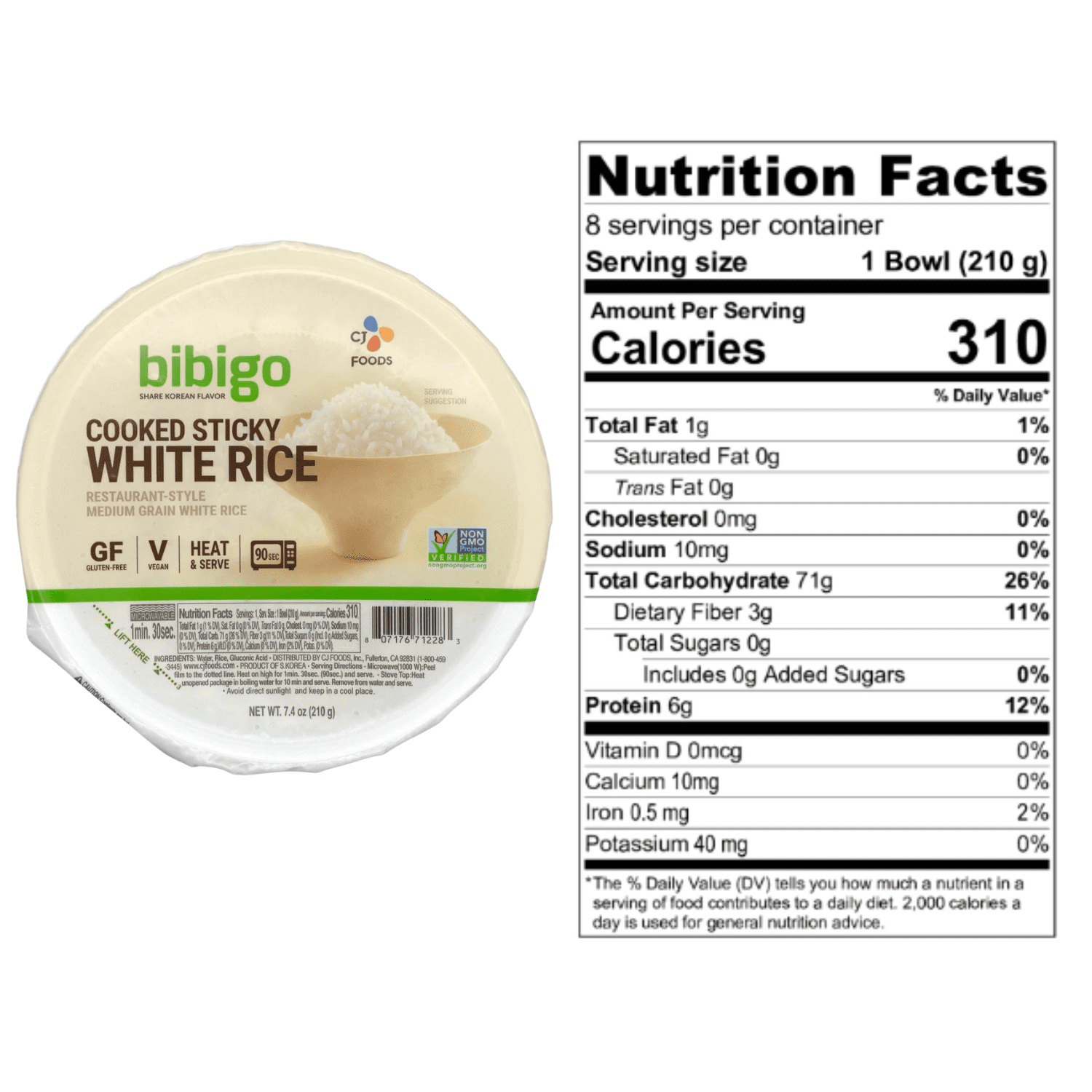 Bibigo Cooked Sticky White Rice 7.4 oz Bowls | Restaurant-Style Medium Grain White Rice Gluten-Free & Low Fat Food in Convenient Microwavable Bowl Quick & Easy Meal Pack of 8