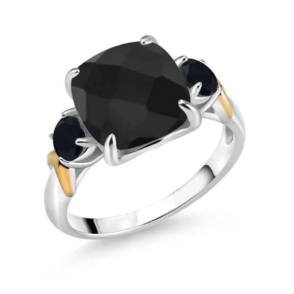 Gem Stone King 925 Silver and 10K Yellow Gold Black Onyx 3 Stone Ring for Women (4.24 Cttw, Gemstone December Birthstone, Cushion Checkerboard 10MM, Round 4MM, Size 7)