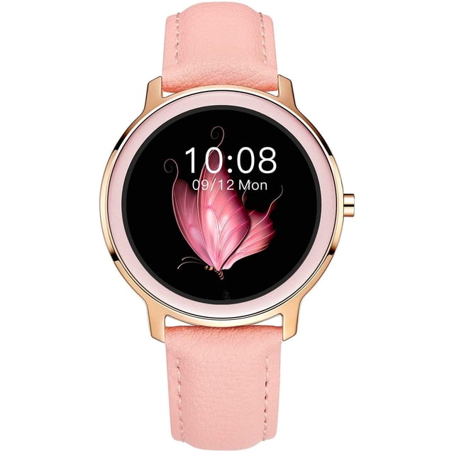Reloj Inteligente para Mujer Reloj Inteligente Redondo Impermeable Reloj Inteligente con Seguimiento de Actividad Función de Recordatorio Inteligente para iPhone Android (Correa de Cuero, Rosa) Aliwisdom JM