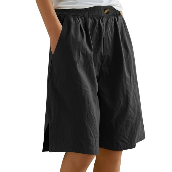 Bloomae Cotton Linen Shorts for Women Loose Fit Knee Length Bermuda Shorts Lightweight Casual Wide Leg Elastic Waist Workout Shorts with Pockets Black XXL