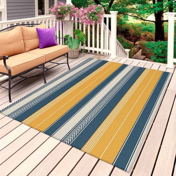 Yellow Navy Blue Outdoor Rug for Patio/Deck/Porch, Non-Slip Large Area Rug 4 x 6 Ft, Boho Retro Farmhouse Colorful Stripes Indoor Outdoor Rugs Washable Area Rugs, Reversible Camping Rug Carpet Runner