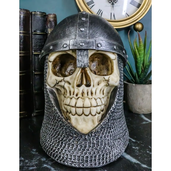 Ebros Medieval Knight Skull with Helmet and Head Coif Statue 6" Long Figurine