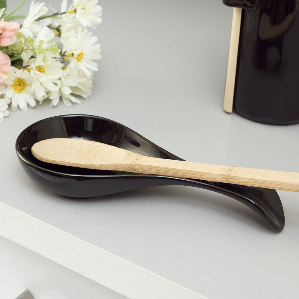 HB Ceramic Spoon Rest with Raised Handle, Black