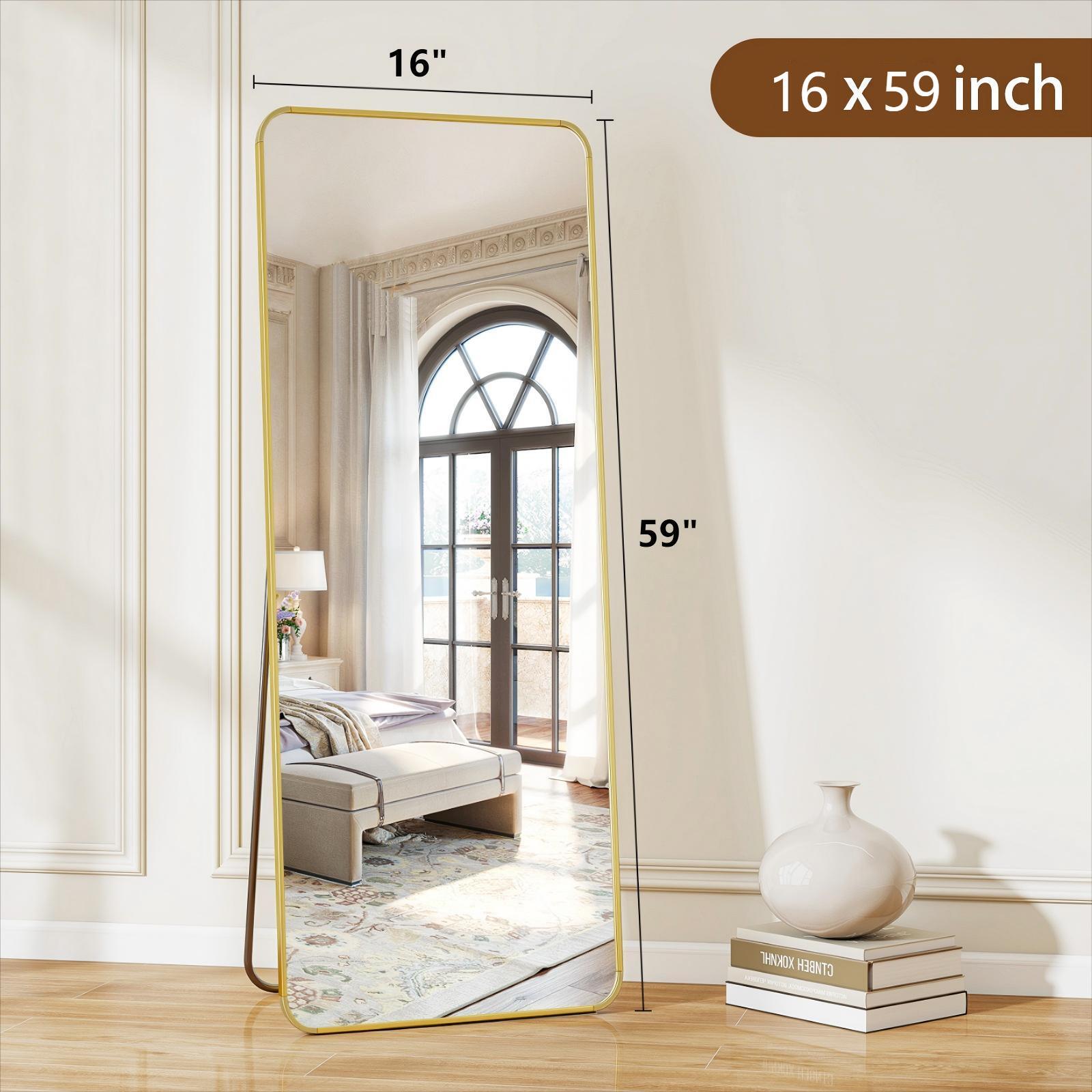 Easy4Home 16"x59" Rectangular Full Length Mirror with Round Corner Standing Full Body Mirror, Gold