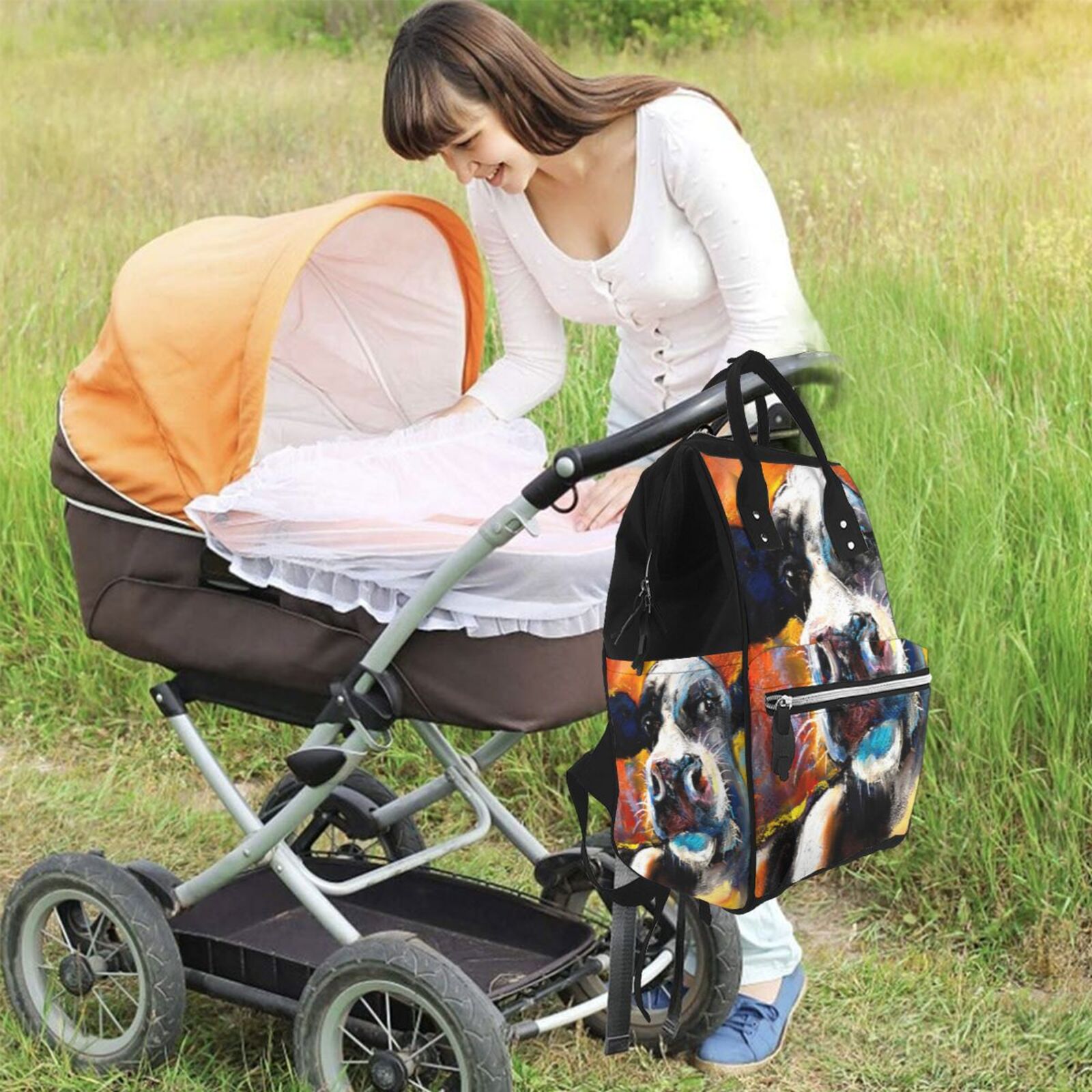 Ratiio Cow Mummy Backpack - Waterproof Twill Canvas, Large Capacity Diaper Bag with Multiple Pockets and Adjustable Straps